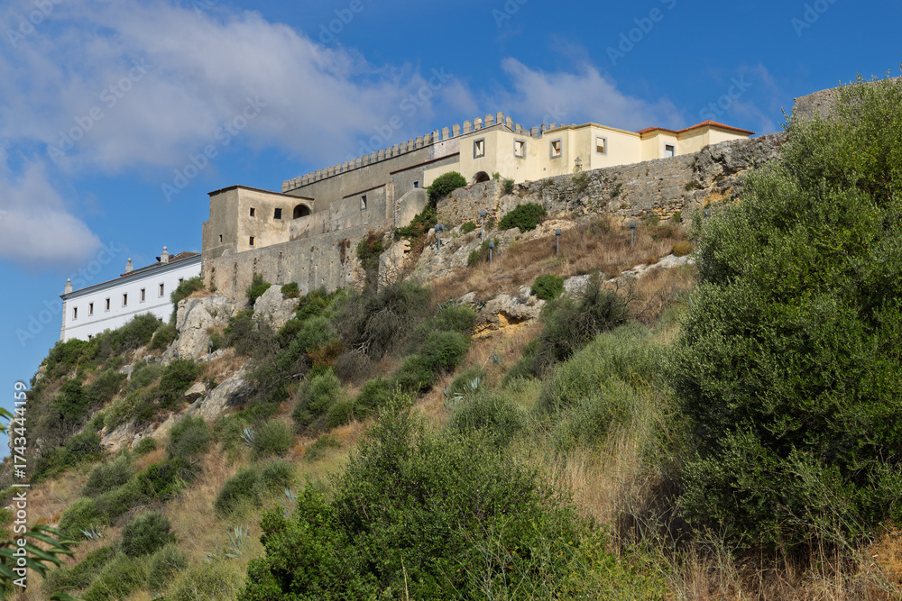 Fototapeta premium The rugged stone walls and historic buildings of Palmela Castle perched atop a steep, vegetation-covered hill in the Portuguese countryside.