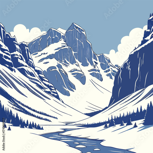 A majestic icy glacier valley bathed in the light of a clear vibrant blue sky showcasing a serene and natural landscape