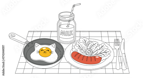 A cute cat shaped fried egg and a sausage with a drink on a grid.