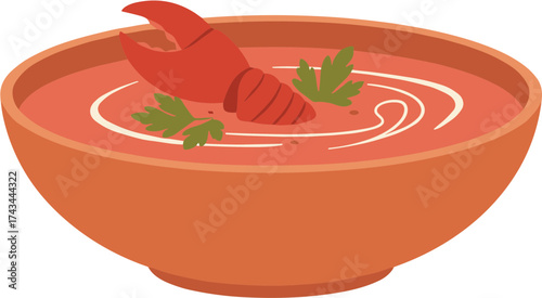 Flat Cartoon Style Lobster Bisque Bowl Gourmet Creamy Soup Illustration