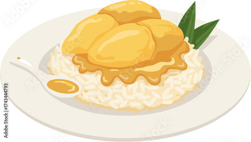 Flat Lay Detailed Mango Sticky Rice Thai Dessert Food Illustration