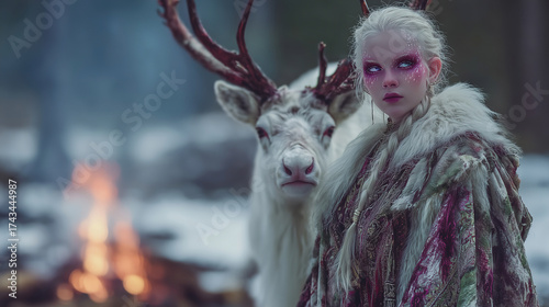 Wallpaper Mural Yule traditions come to life in a winter forest with a mystical figure and a majestic reindeer Torontodigital.ca