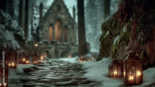 Wallpaper Mural Exploring ancient pagan traditions of Yule in a mystical winter forest with lanterns and a forgotten chapel Torontodigital.ca