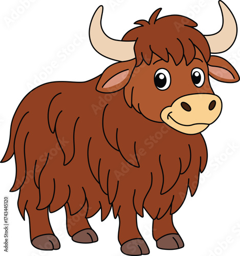 Cute Fluffy Brown Cartoon Yak with Horns