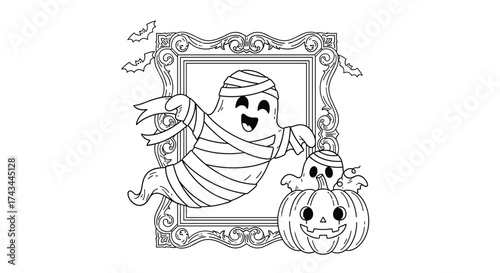 A cute mummy ghost peeking out of a spooky frame holding a pumpkin with a small ghost on top.