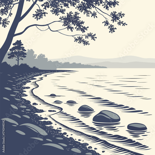 Serene coastal scene with gentle waves washing over smooth rounded stones on a tranquil beach evoking peace and natural beauty