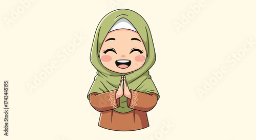 A happy young muslim girl wearing a hijab and traditional clothing smiles with her hands together.
