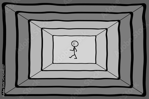 Horizontal abstract background. Gray room,  box,  basement where  person is located. Loneliness, hopelessness, depression. Feeling of helplessness and apathy. Black and gray color. Flat vector design.