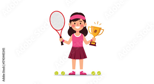 A happy young tennis player holds a racket and a trophy after winning a match.