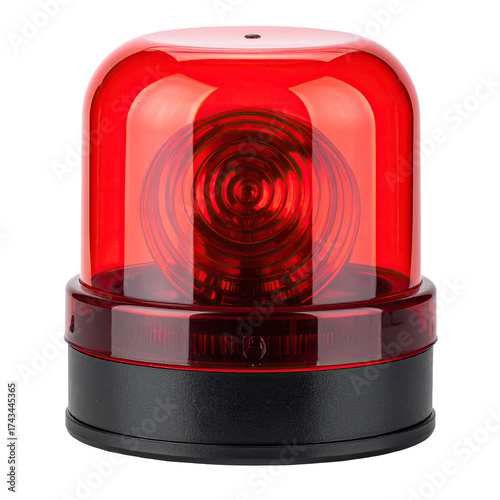 A red, circular emergency light is isolated on black, showcasing details of its design