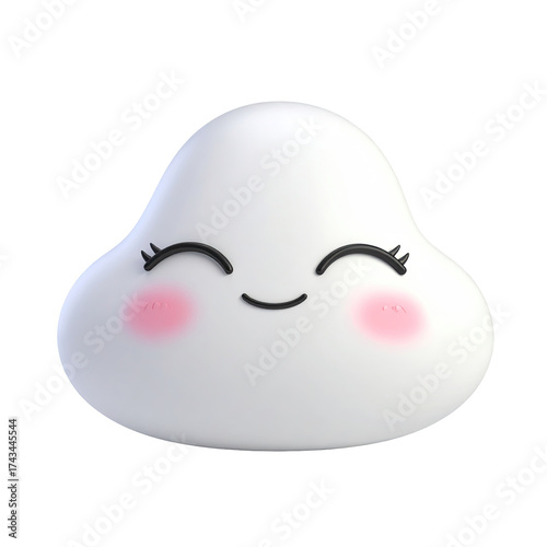 A cute, rounded white cloud with a happy face, blush cheeks, and long eyelashes