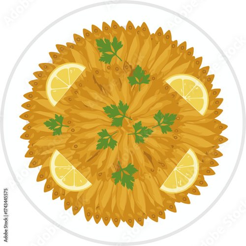 Flat Lay Illustration of Fried Anchovy with Lemon and Parsley Garnish on Plate