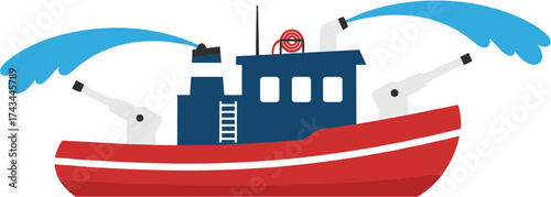 Flat Graphic Fireboat with Water Cannons Isolated on White Background