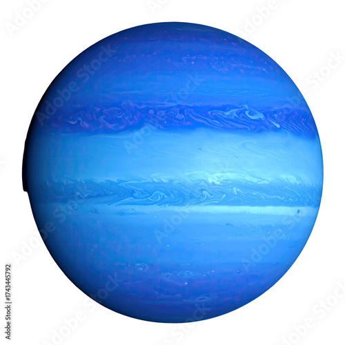 A vibrantly blue gas giant, showing swirling atmospheric bands against a black void