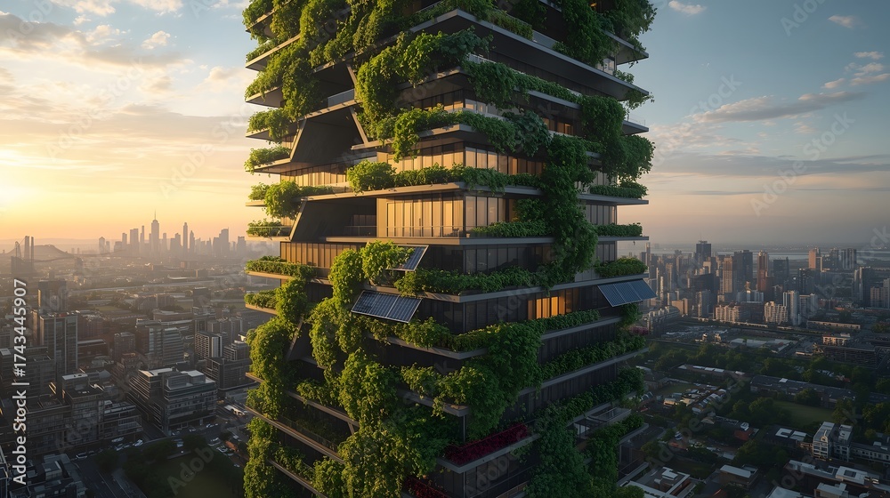 Obraz premium Sustainable Green Tower with Hydroponic Farms and Renewable Energy Systems