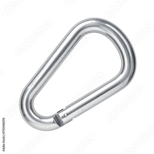 Close-up of a shiny, silver, pear-shaped carabiner with a spring-loaded gate on black background