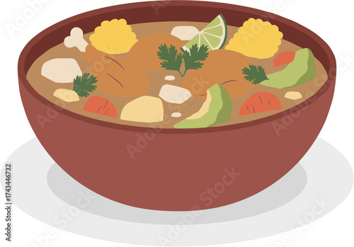 Simple Flat Illustration of Delicious Chicken Soup in Bowl with Vegetables