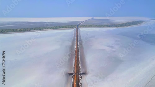 Aerial view of the Road to Heaven, Dholavira, stretching across the White Rann of Kutch, India, Stunning desert landscape with endless salt flats and a serene sky,  Road to heaven, Rann of Kutch