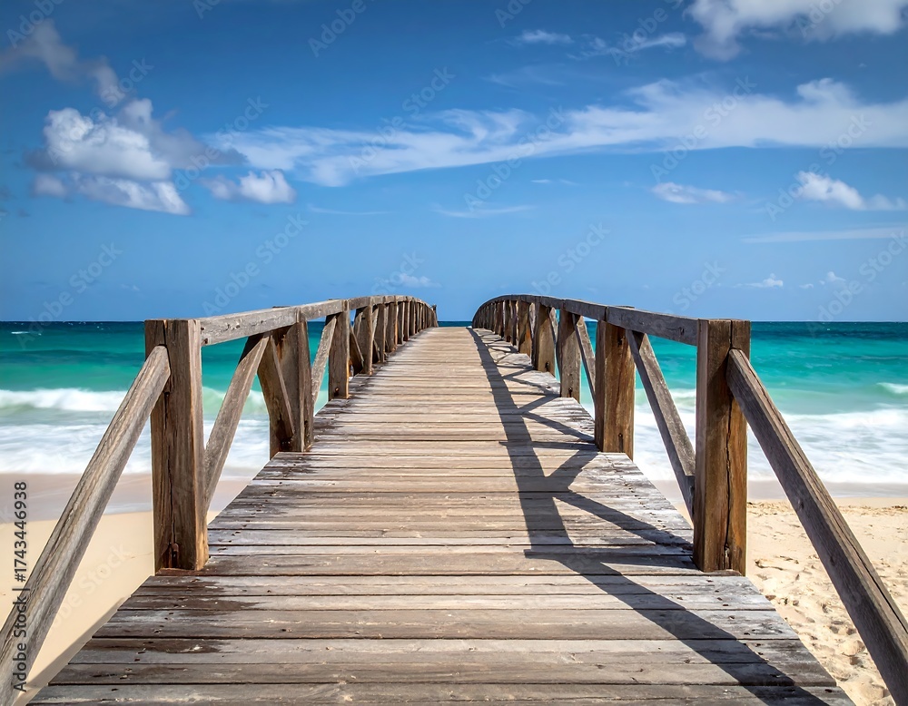Fototapeta premium Wooden pier extending toward the ocean on a sandy beach