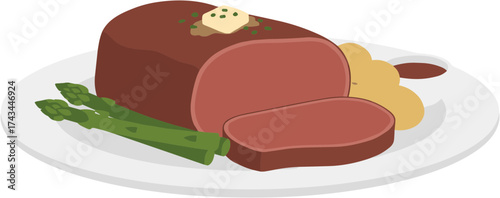 Flat Design Roast Beef Tenderloin with Butter Asparagus and Potato Illustration
