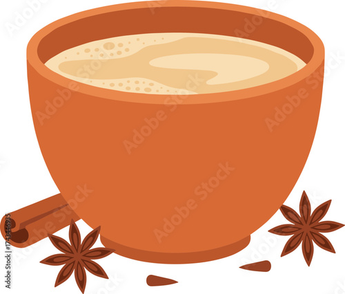 Flat Style Detailed Chai Tea Cup with Spice Illustration