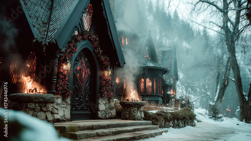 Yule celebration in a snowy forest with ancient pagan traditions and enchanting surroundings