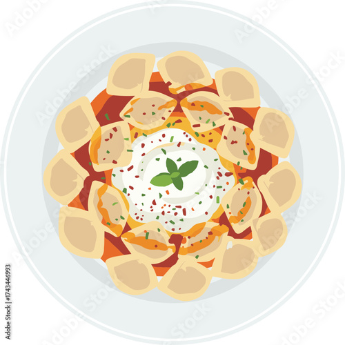 Flat Style Illustration of Delicious Turkish Manti Dumplings with Yogurt and Sauce