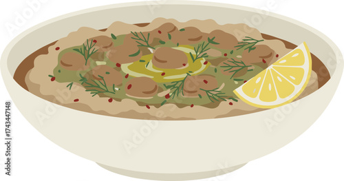 Illustration Styled Broad Beans Stew with Lemon in a Bowl Food