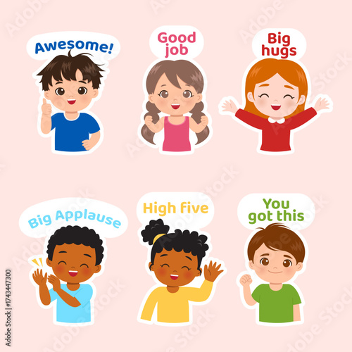 Cute diverse children with positive words for achievement appreciation