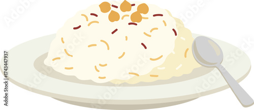 Flat Simple Rice on Plate with Spoon Food Illustration