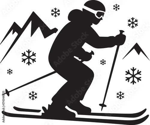 Black silhouette of a skier descending a snowy mountain with snowflakes skiing winter