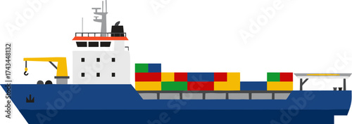 Flat Style Detailed Cargo Ship with Shipping Containers Illustration