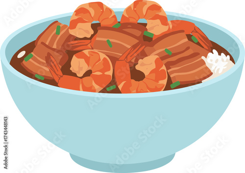 Flat Style Illustration Bowl of Shrimp Adobo Dish Asian Cuisine