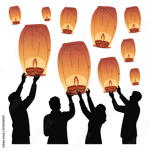 Vector art of silhouetted people releasing sky lanterns, symbolizing hope, celebration, and cultural traditions
