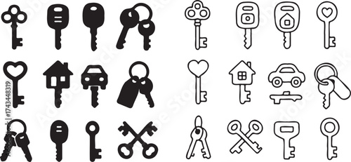 Assortment of various keys and keychains in black and white, isolated on transparent background