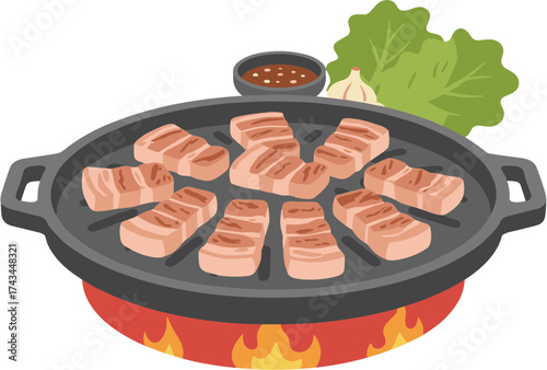 Flat Design Illustration of Korean Style Grilled Pork Belly Meal Set