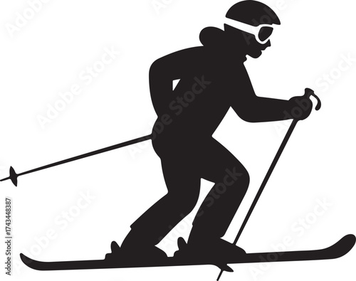 Black Silhouette of a Skier in Motion on White Background skiing winter sport