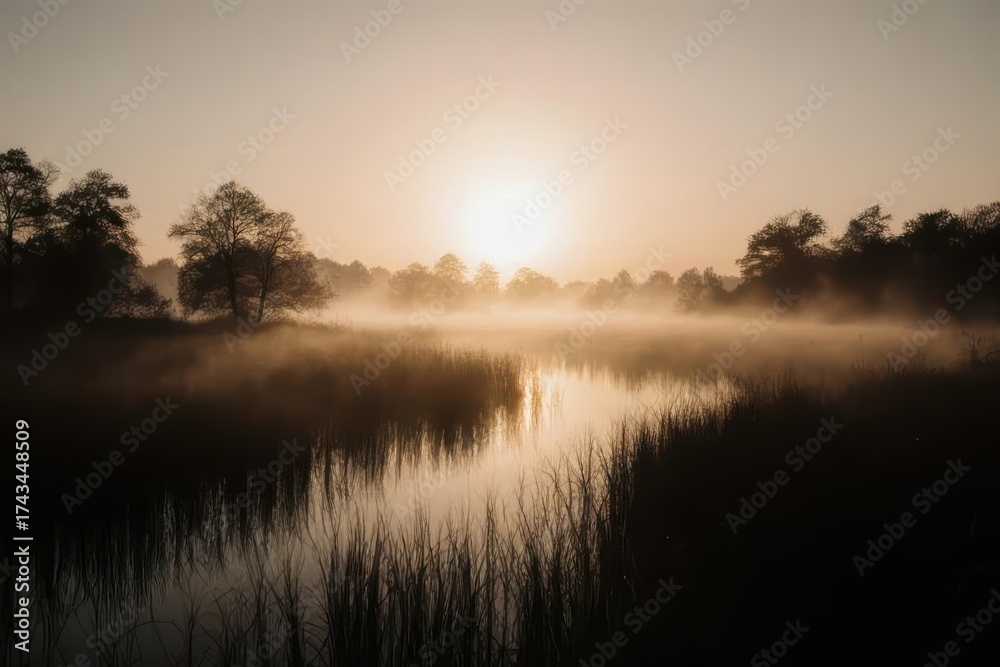 Naklejka premium Mysterious Foggy Sunset over Spooky Marsh Landscape
