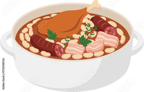 Flat Style Detailed Cassoulet Dish Illustration with Duck Leg and Sausage
