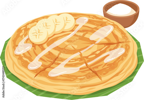 Detailed Flat Illustration of Banana Roti with Condensed Milk Dessert