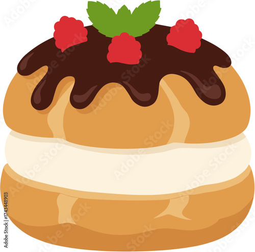Flat Style Semla Cream Bun with Raspberry Dessert Food Illustration
