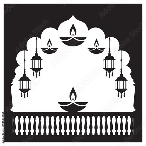 Vector art of silhouette of an ornate archway with diyas and lanterns, perfect for diwali celebrations