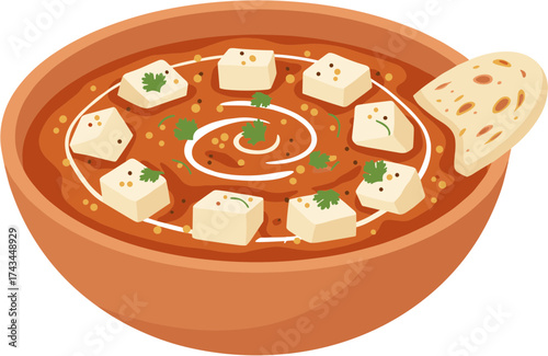 Flat Illustration Paneer Butter Masala with Naan in Brown Bowl Dish