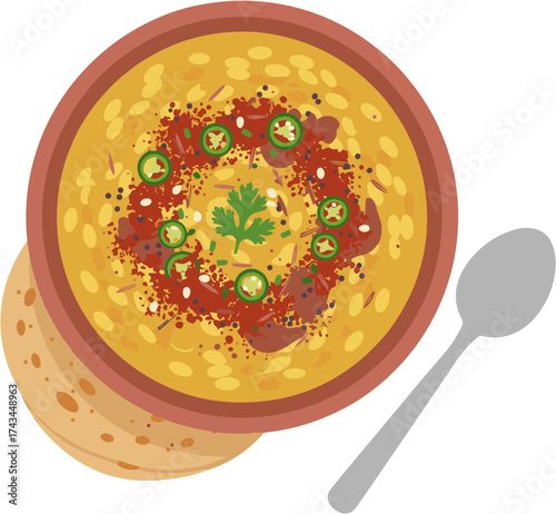 Top View Detailed Illustration of Indian Dal with Roti and Spoon