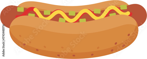 Simple Flat Style Hotdog with Mustard, Ketchup and Pickle Illustration
