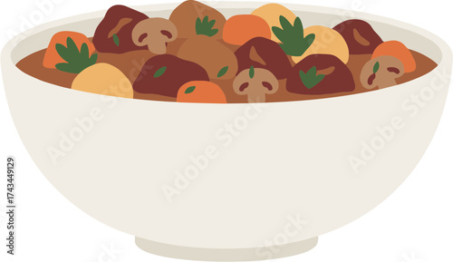 Flat Graphic Appetizing Bowl of Beef Stew with Vegetables Illustration