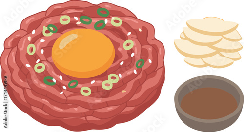 Flat Lay Illustration of Yukhoe Raw Beef Dish with Egg Yolk