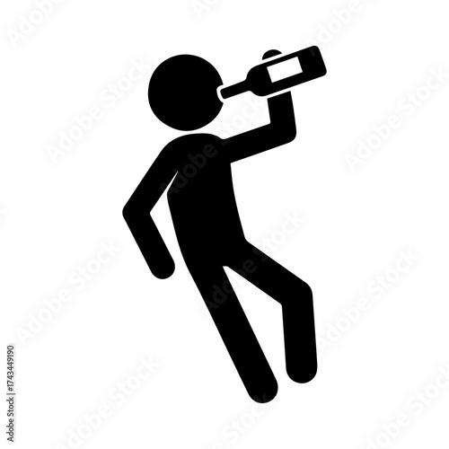 Stickman drinking and falling down icon. Drunk person silhouette losing balance after alcohol consumption, addiction or intoxication concept, black vector illustration isolated on white background.