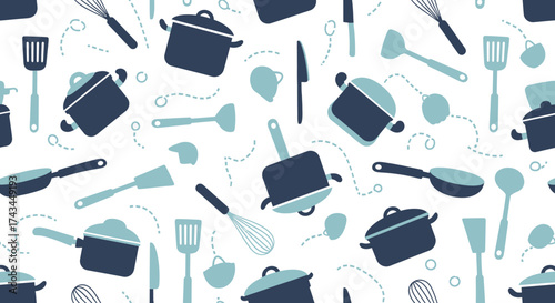 Whimsical Kitchen Utensils and Cookware Seamless Pattern on White Background.