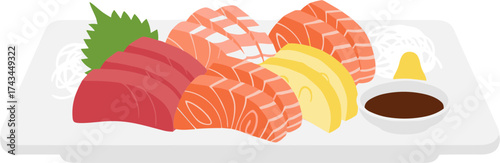 Flat Lay Simple Delicious Sashimi Assortment Cuisine Illustration, Japanese Fresh Seafood